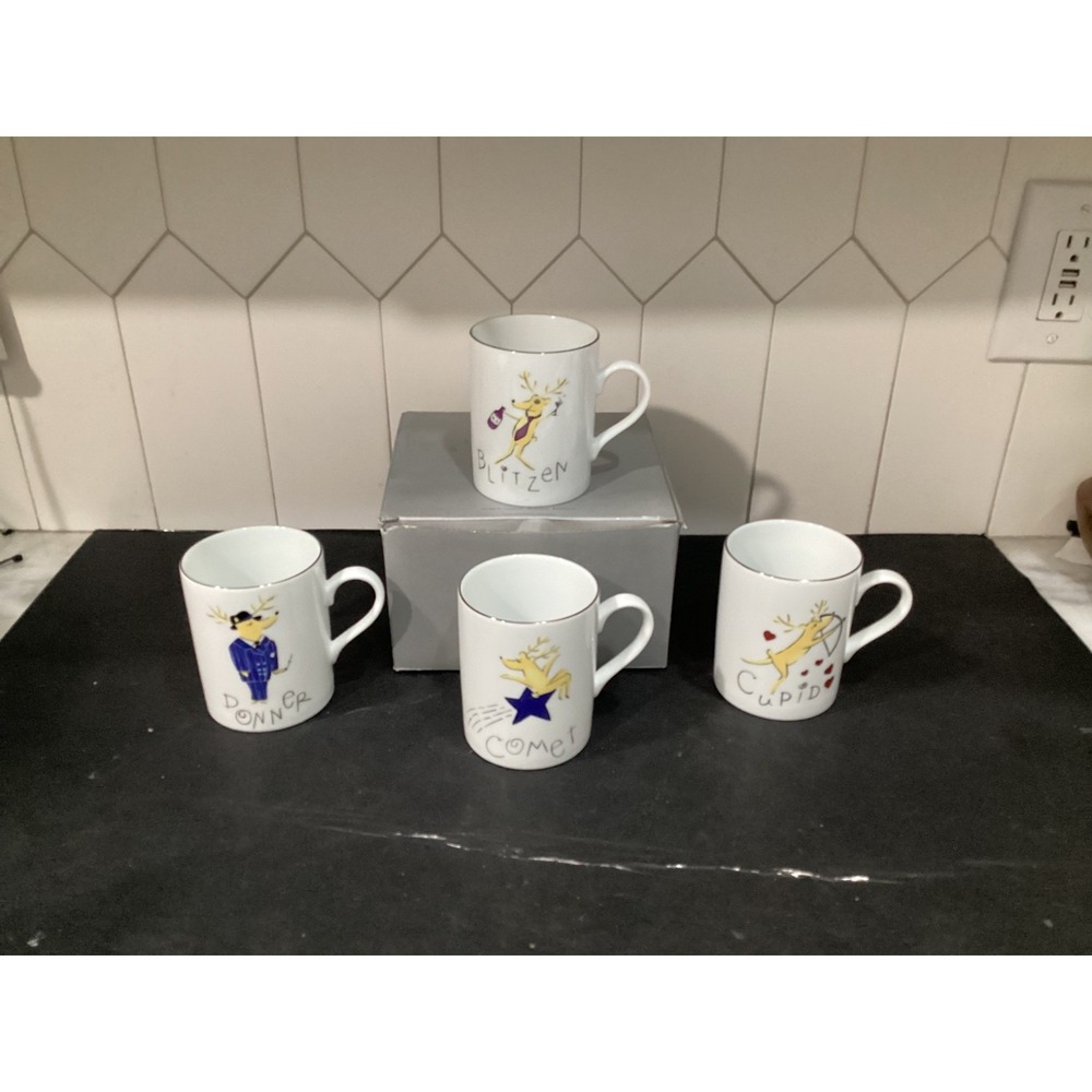 Pottery Barn Christmas Reindeer Coffee Mugs 4 Pc Set Donner Cupid Blitzen Comet